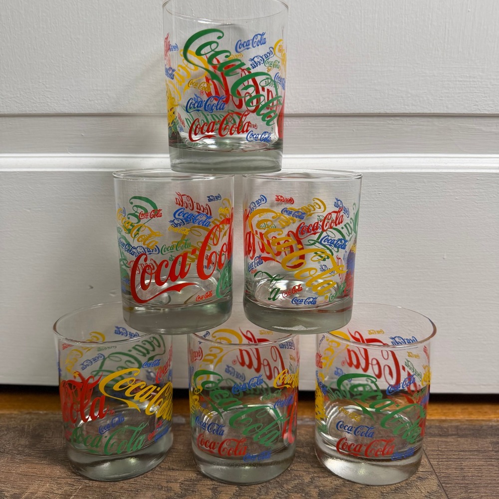 Vintage‎ Coca-Cola Multi-Color All Over Print Glass Tumblers Set of 6 Retro 4"